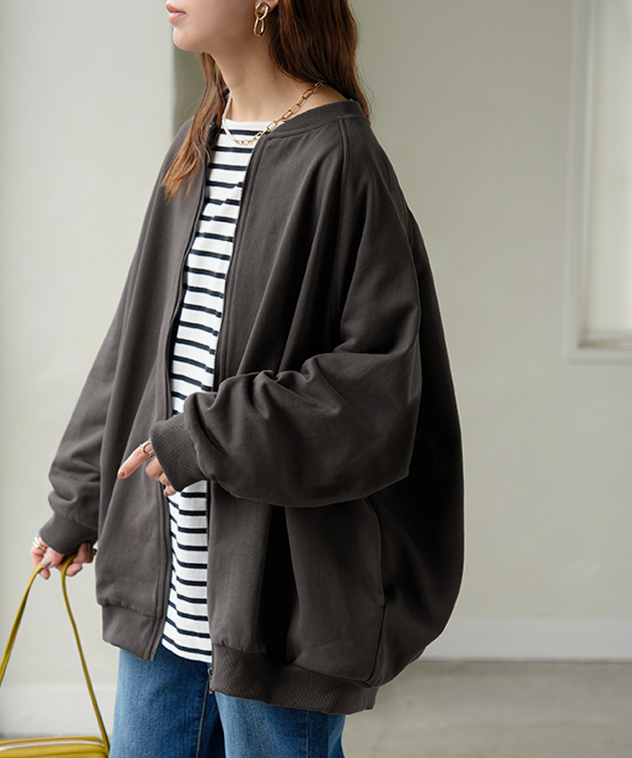 アウター ブルゾン レディース ロング ジャケット ジャンパー ボリュームスリーブ MA-1 裏毛 リブ ドルマン ラグランスリーブ 羽織 耐久性 速乾 ライトアウター | HUG.U | 02