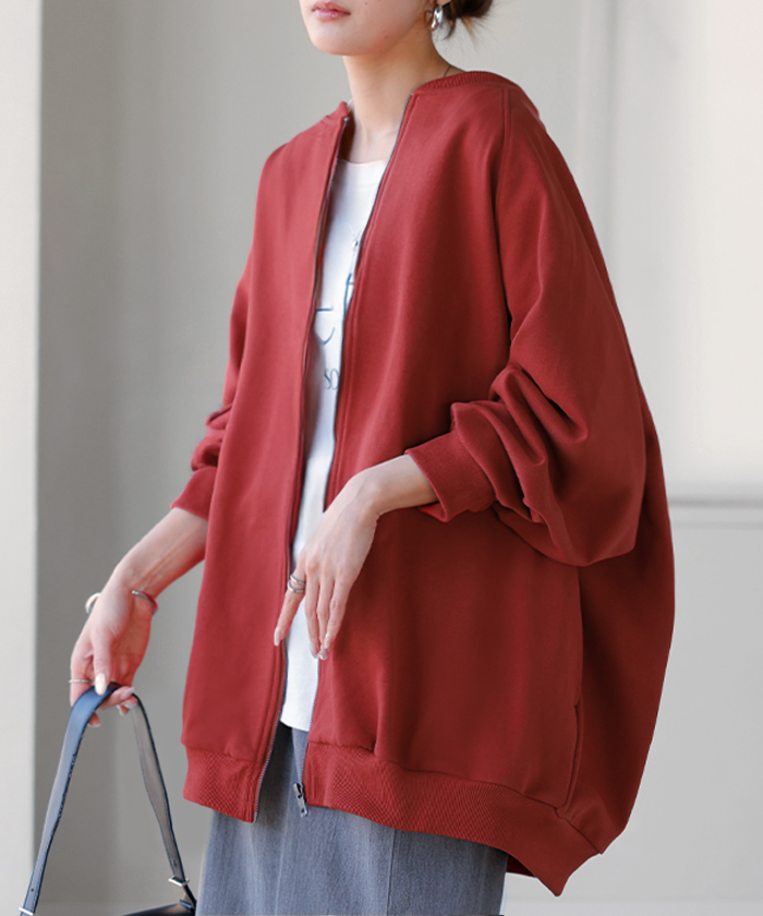 アウター ブルゾン レディース ロング ジャケット ジャンパー ボリュームスリーブ MA-1 裏毛 リブ ドルマン ラグランスリーブ 羽織 耐久性 速乾 ライトアウター | HUG.U | 04