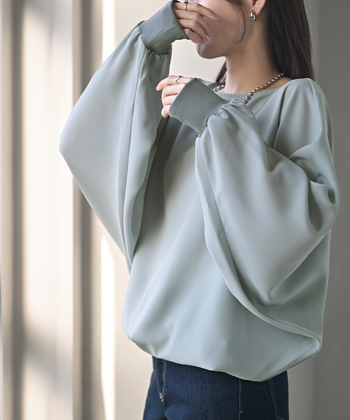 シャツ レディース ノーカラー トップス バンドカラー ブラウス ロング ロングシャツ チュニック プルオーバー ドルマン ボリュームスリーブ 長袖 無地 きれいめ | HUG.U | 03