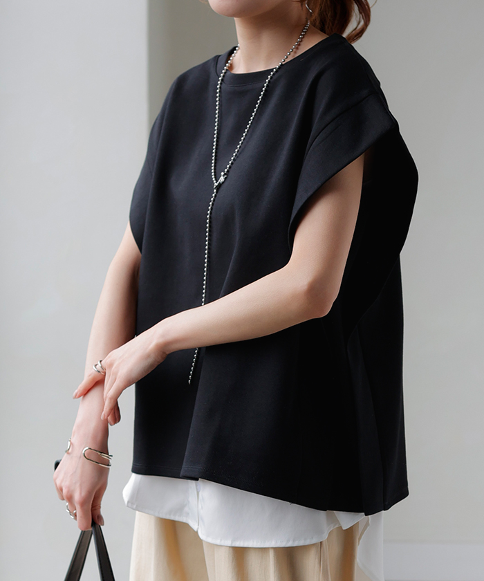 Tシャツ ボックス袖 レディース トップス カットソー ティーシャツ ロング フレンチスリーブ 二の腕カバー 綿 混 クルーネック ビッグ プルオーバー 体型カバー | HUG.U | 07