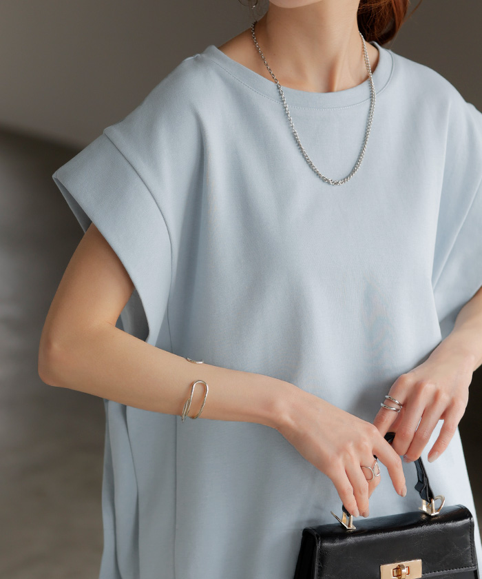 Tシャツ ボックス袖 レディース トップス カットソー ティーシャツ ロング フレンチスリーブ 二の腕カバー 綿 混 クルーネック ビッグ プルオーバー 体型カバー | HUG.U | 03