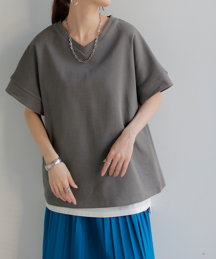 Tシャツ ボックス袖 レディース トップス カットソー ティーシャツ ロング フレンチスリーブ 二の腕カバー 綿 混 クルーネック ビッグ プルオーバー 体型カバー | HUG.U | 06