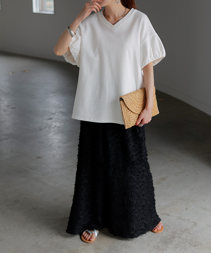 Tシャツ ボックス袖 レディース トップス カットソー ティーシャツ ロング フレンチスリーブ 二の腕カバー 綿 混 クルーネック ビッグ プルオーバー 体型カバー | HUG.U | 01
