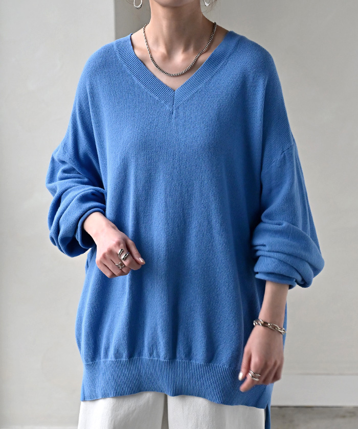ニット チクチクしない 鹿の子 レディース トップス セーター プルオーバー ロング 長袖 長い 綿100% ボリュームスリーブ クルーネック Vネック チュニック | HUG.U | 04