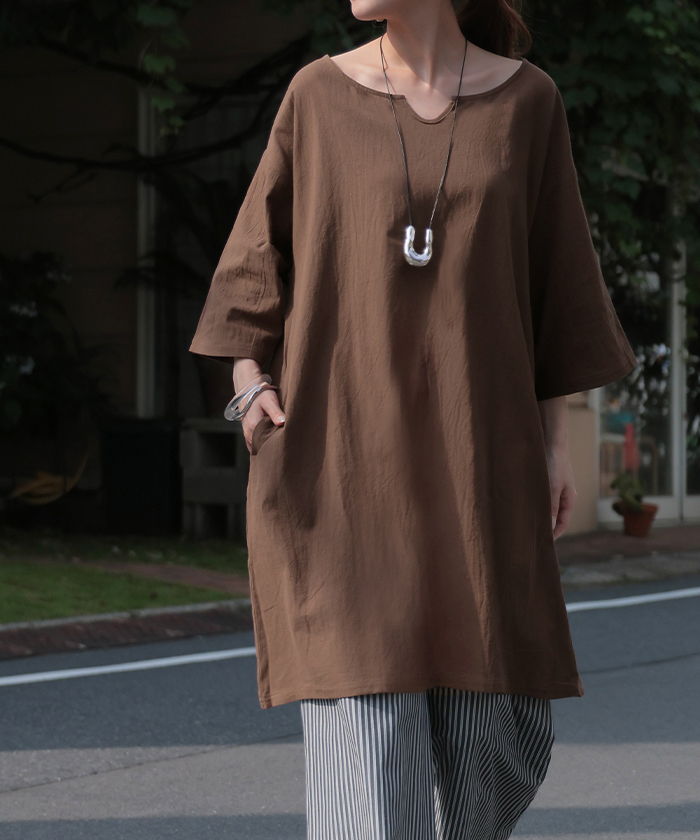 SALE ブラウス チュニック シャツ レディース トップス キーネック スキッパー ロング ロングシャツ シャツワンピース | HUG.U | 04