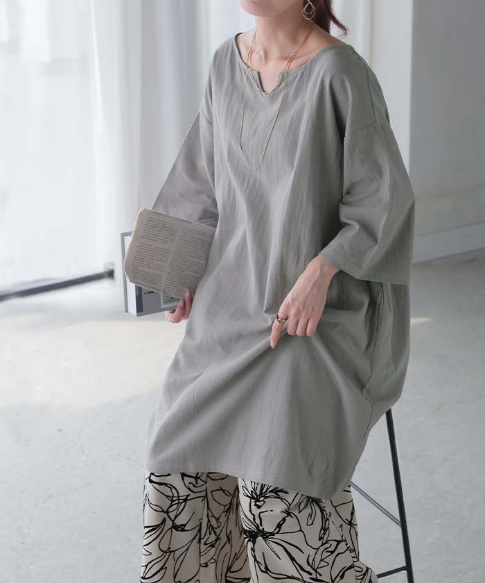 SALE ブラウス チュニック シャツ レディース トップス キーネック スキッパー ロング ロングシャツ シャツワンピース | HUG.U | 02