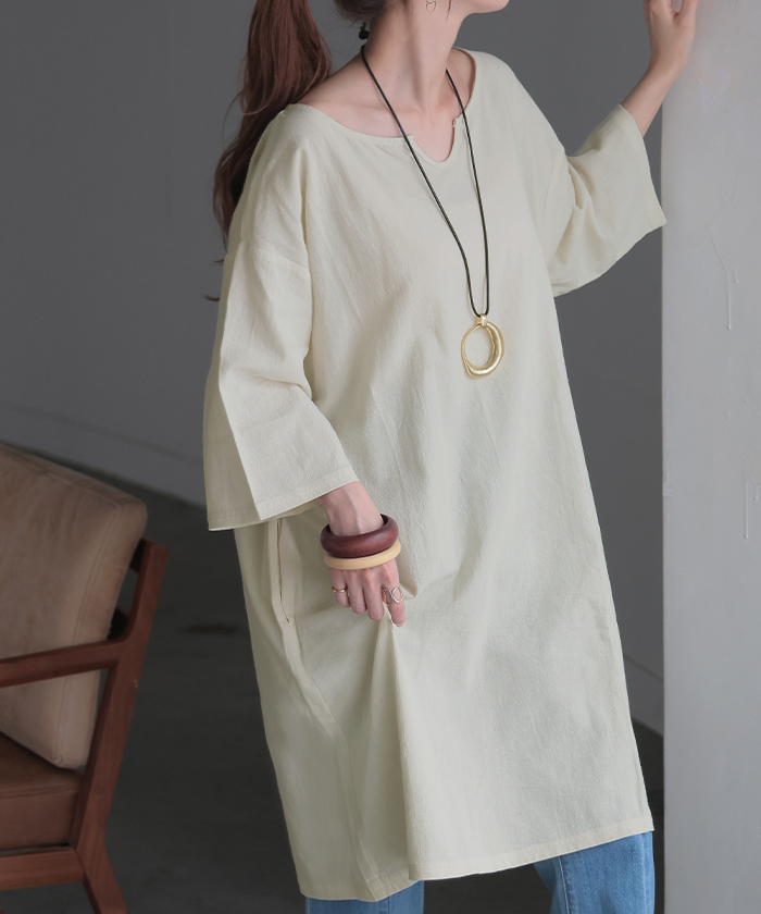 SALE ブラウス チュニック シャツ レディース トップス キーネック スキッパー ロング ロングシャツ シャツワンピース | HUG.U | 01