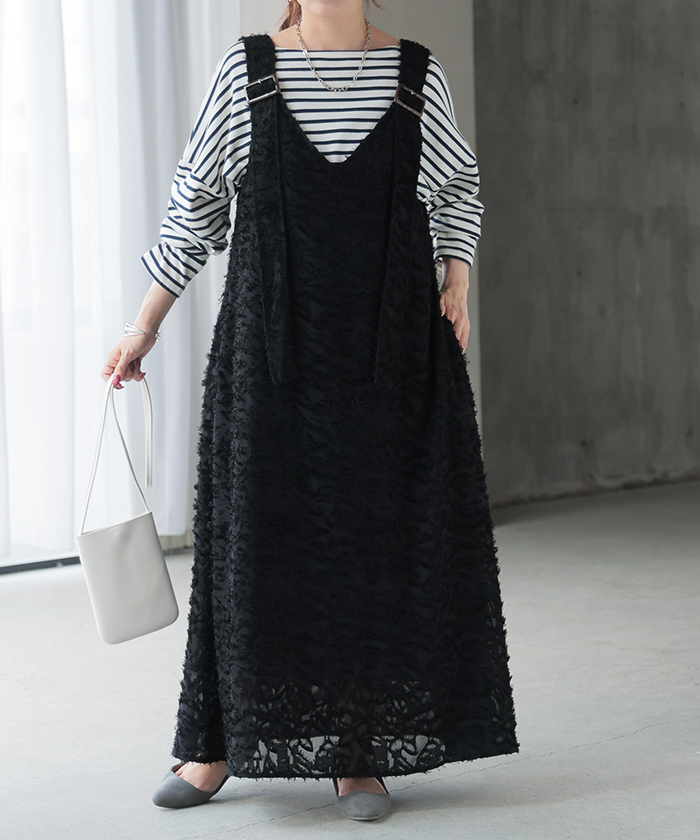 ワンピース サロペット フリンジ レディース スカート ロング オールインワン Aライン Vネック 無地 調節可能 ジャガード ノースリーブ | HUG.U | 03