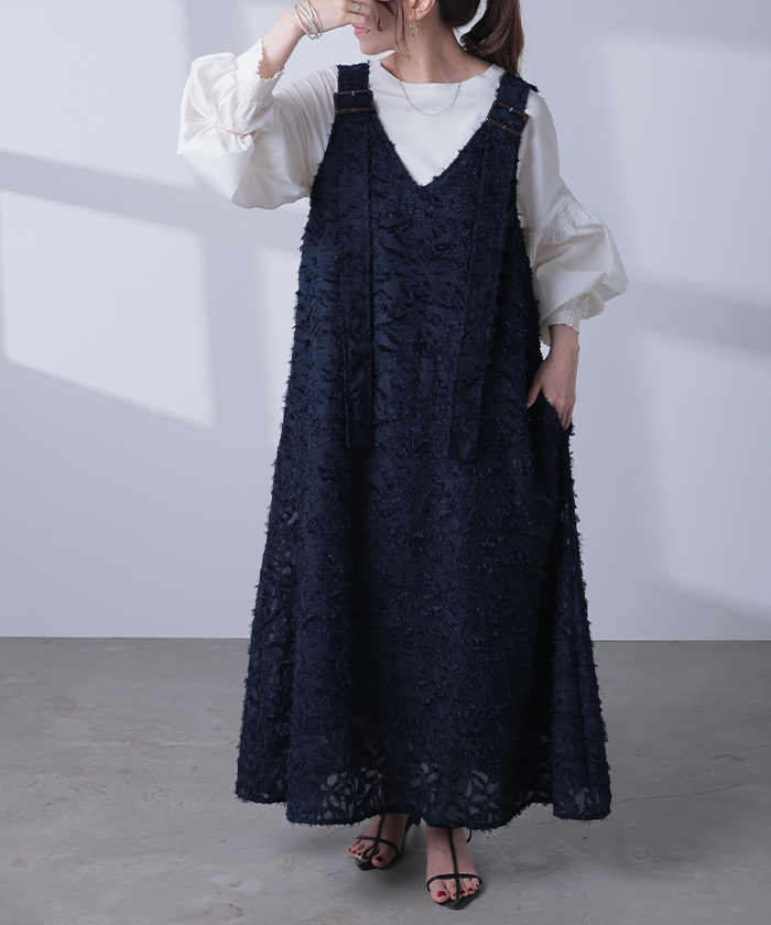 ワンピース サロペット フリンジ レディース スカート ロング オールインワン Aライン Vネック 無地 調節可能 ジャガード ノースリーブ | HUG.U | 02