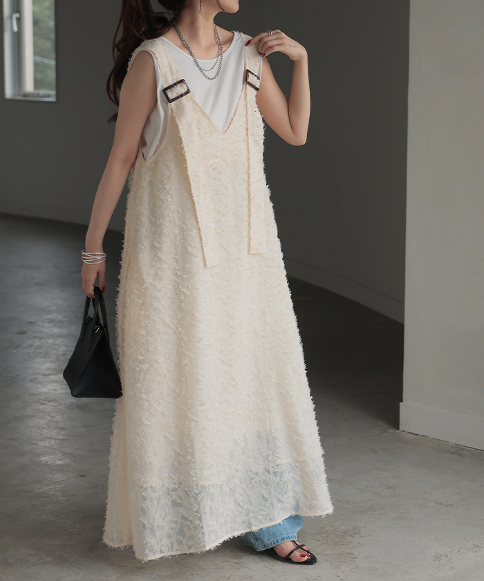 ワンピース サロペット フリンジ レディース スカート ロング オールインワン Aライン Vネック 無地 調節可能 ジャガード ノースリーブ | HUG.U | 01