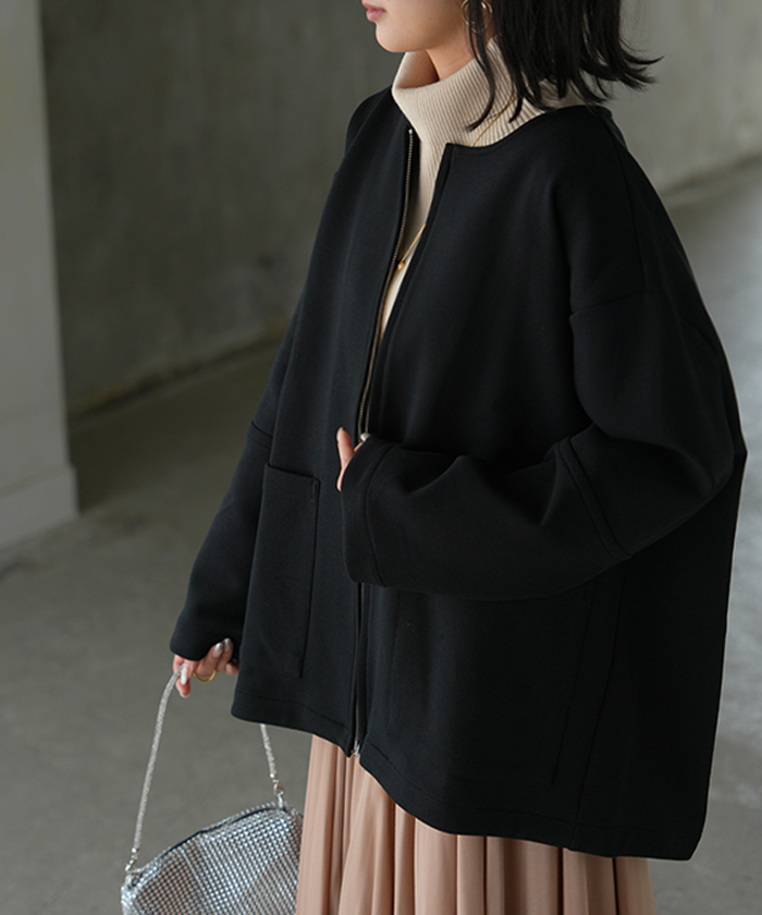 ジャケット ダンボール ノーカラー レディース アウター ロング 無地 長袖 羽織 ライトアウター チュニック オーバーサイズ クルーネック | HUG.U | 02