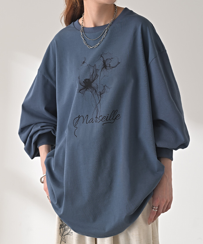 ロンT 花柄 ロゴ レディース トップス 長袖 プリント Tシャツ カットソー ロング ティーシャツ チュニック | HUG.U | 02