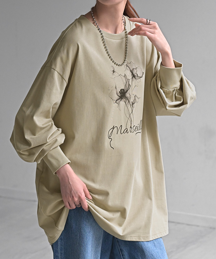 ロンT 花柄 ロゴ レディース トップス 長袖 プリント Tシャツ カットソー ロング ティーシャツ チュニック | HUG.U | 03