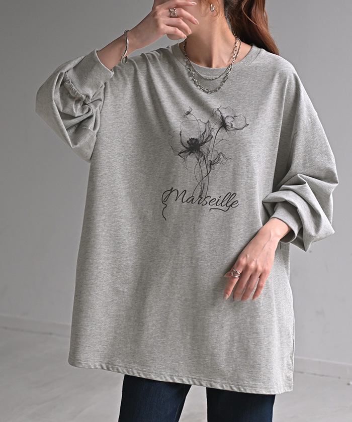 ロンT 花柄 ロゴ レディース トップス 長袖 プリント Tシャツ カットソー ロング ティーシャツ チュニック | HUG.U | 05