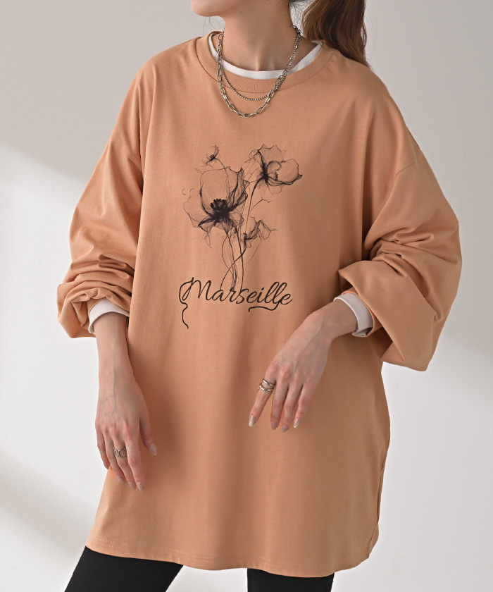 ロンT 花柄 ロゴ レディース トップス 長袖 プリント Tシャツ カットソー ロング ティーシャツ チュニック | HUG.U | 04