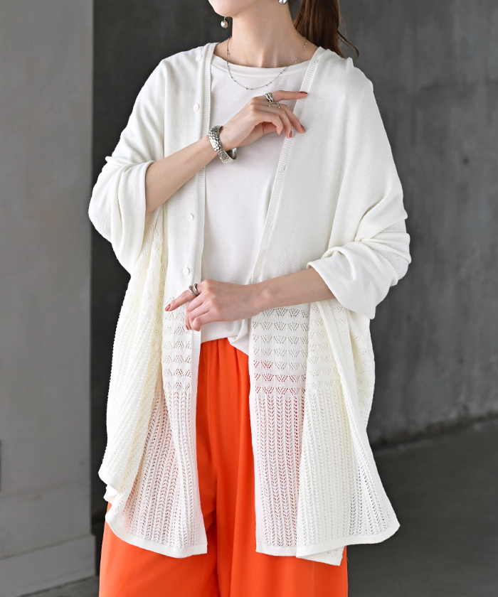 ニット 透かし編み カーディガン レディース カーデ トップス オーバー メッシュ ロング ニットカーディガン 羽織 ストール レイヤード 薄手 シアー チュニック | HUG.U | 01