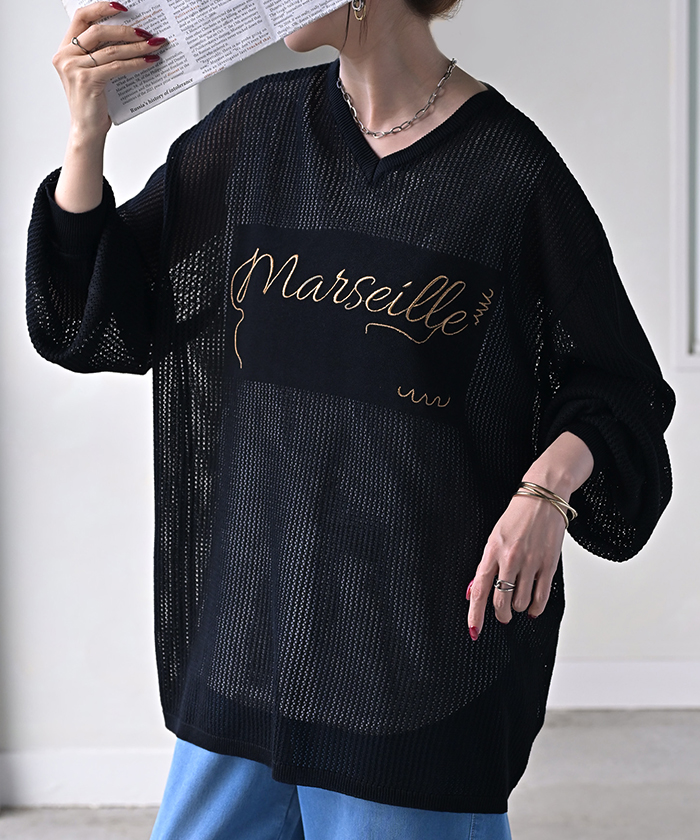 ニット ロゴ 刺繍 レディース 透かし編み トップス セーター オーバー プルオーバー ロング 長袖 長い レイヤード メッシュ 薄手 シアー チュニック ゆったり | HUG.U | 05