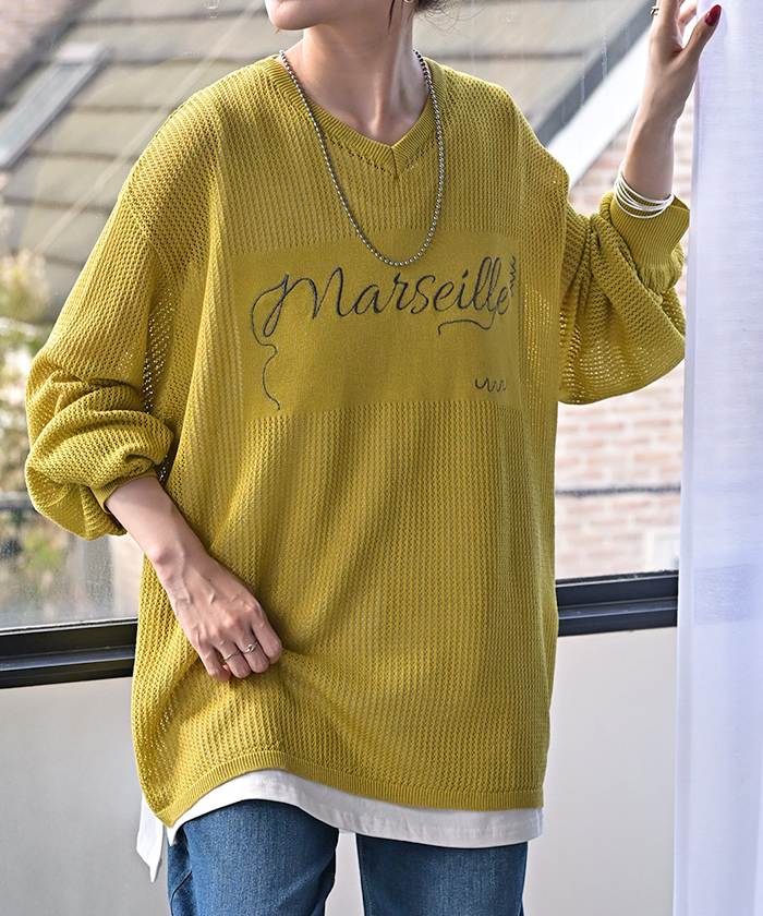 ニット ロゴ 刺繍 レディース 透かし編み トップス セーター オーバー プルオーバー ロング 長袖 長い レイヤード メッシュ 薄手 シアー チュニック ゆったり | HUG.U | 03