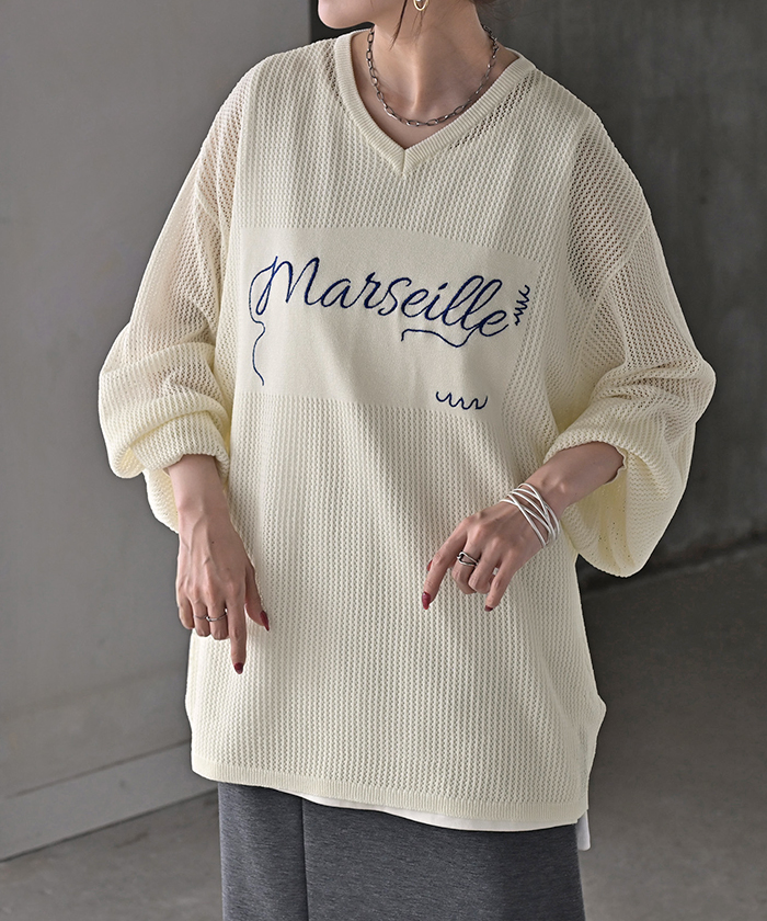 ニット ロゴ 刺繍 レディース 透かし編み トップス セーター オーバー プルオーバー ロング 長袖 長い レイヤード メッシュ 薄手 シアー チュニック ゆったり | HUG.U | 01