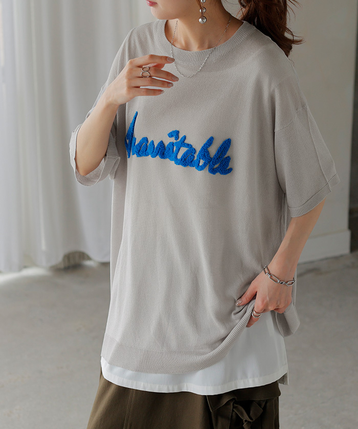 ニット 透かし編みニット ロゴ 刺繍 レディース トップス 半袖 ニット ロング ティーシャツ チュニック | HUG.U | 02