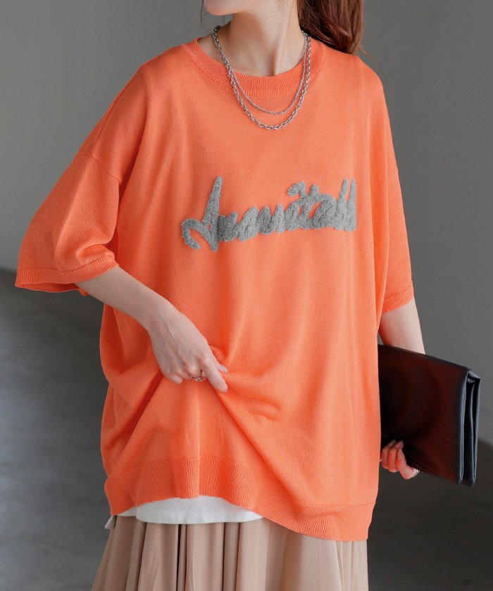 ニット 透かし編みニット ロゴ 刺繍 レディース トップス 半袖 ニット ロング ティーシャツ チュニック | HUG.U | 03