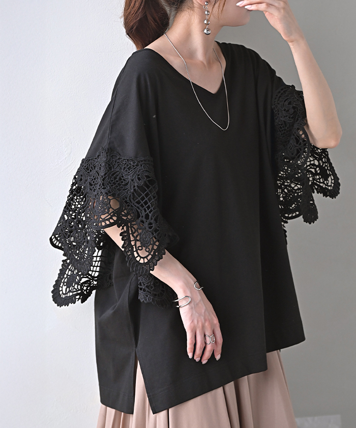 Tシャツ レース UVカット 接触冷感 レディース トップス 半袖 カットソー ロング ティーシャツ 抗菌 防臭 | HUG.U | 03