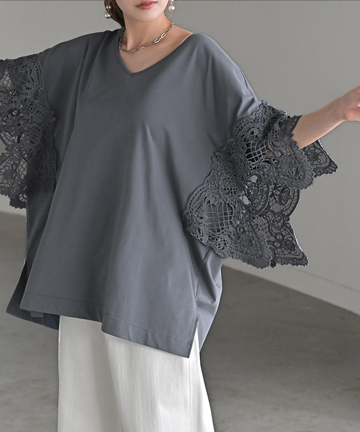 Tシャツ レース UVカット 接触冷感 レディース トップス 半袖 カットソー ロング ティーシャツ 抗菌 防臭 | HUG.U | 02
