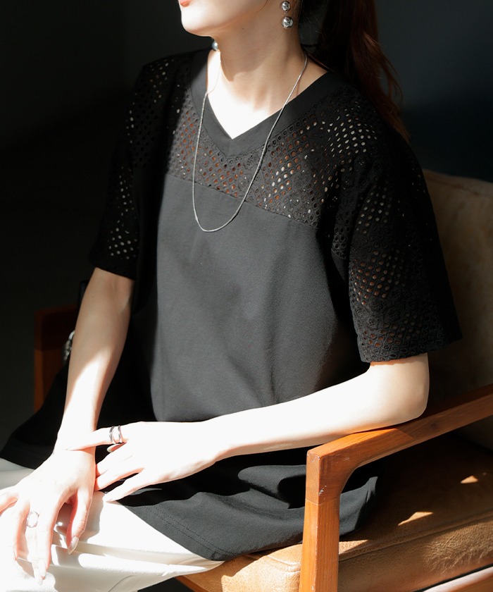 Tシャツ レース レディース トップス 半袖 カットソー ロング ティーシャツ 接触冷感 チュニック ビッグ | HUG.U | 02