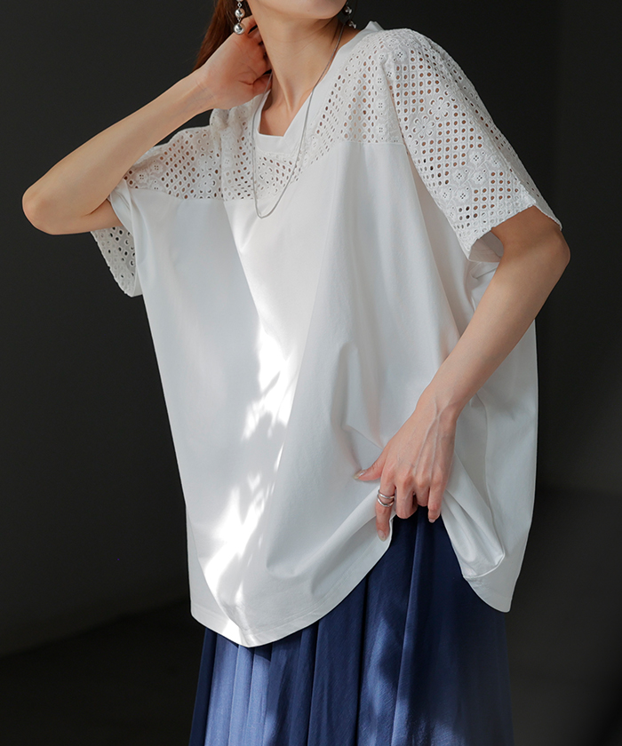 Tシャツ レース レディース トップス 半袖 カットソー ロング ティーシャツ 接触冷感 チュニック ビッグ | HUG.U | 01