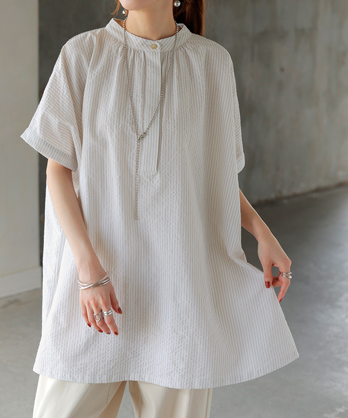 シャツ ストライプ ノーカラー レディース トップス バンドカラー ブラウス ロング ロングシャツ チュニック | HUG.U | 02