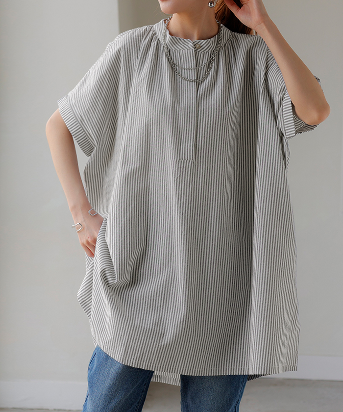 シャツ ストライプ ノーカラー レディース トップス バンドカラー ブラウス ロング ロングシャツ チュニック | HUG.U | 04
