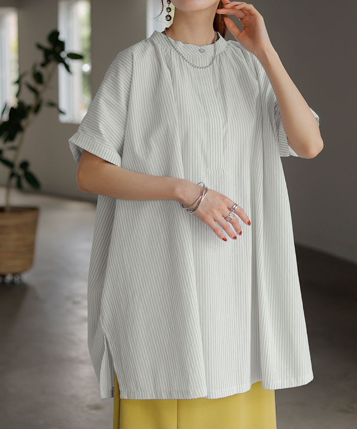 シャツ ストライプ ノーカラー レディース トップス バンドカラー ブラウス ロング ロングシャツ チュニック | HUG.U | 03