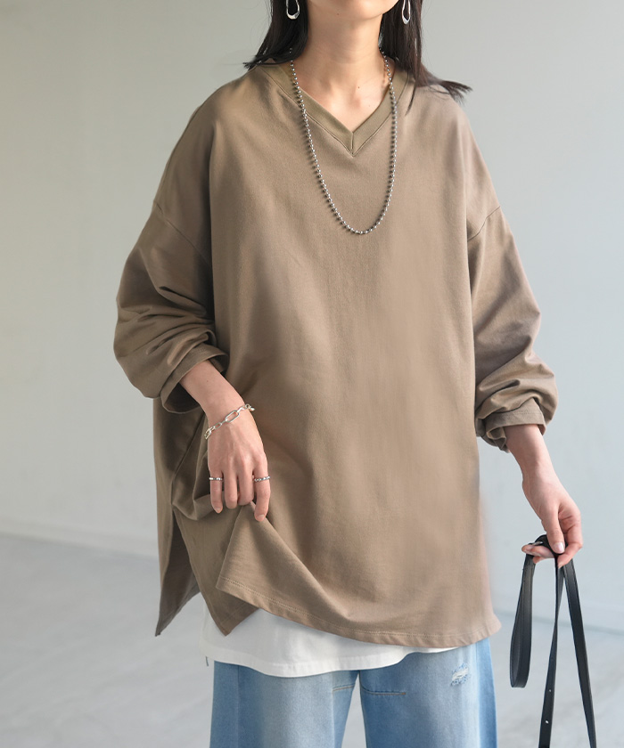 ロンT 選べる ネック 綿100％ レディース トップス 長袖 Tシャツ ロング ストレッチ カットソー ジャージー | HUG.U | 03