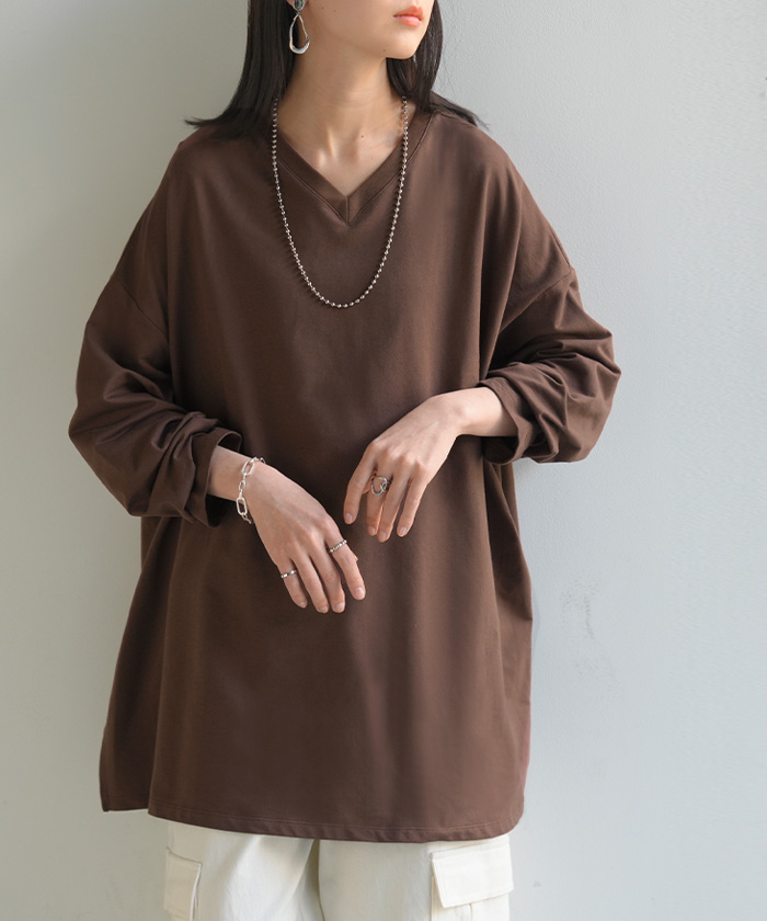 ロンT 選べる ネック 綿100％ レディース トップス 長袖 Tシャツ ロング ストレッチ カットソー ジャージー | HUG.U | 06