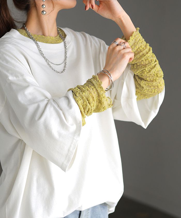 シアートップス レイヤード レース トップス レディース 柄 シアー シースルー シアーインナー インナー ハイネック 無地 長袖 薄手 ロング メッシュ きれいめ | HUG.U | 02