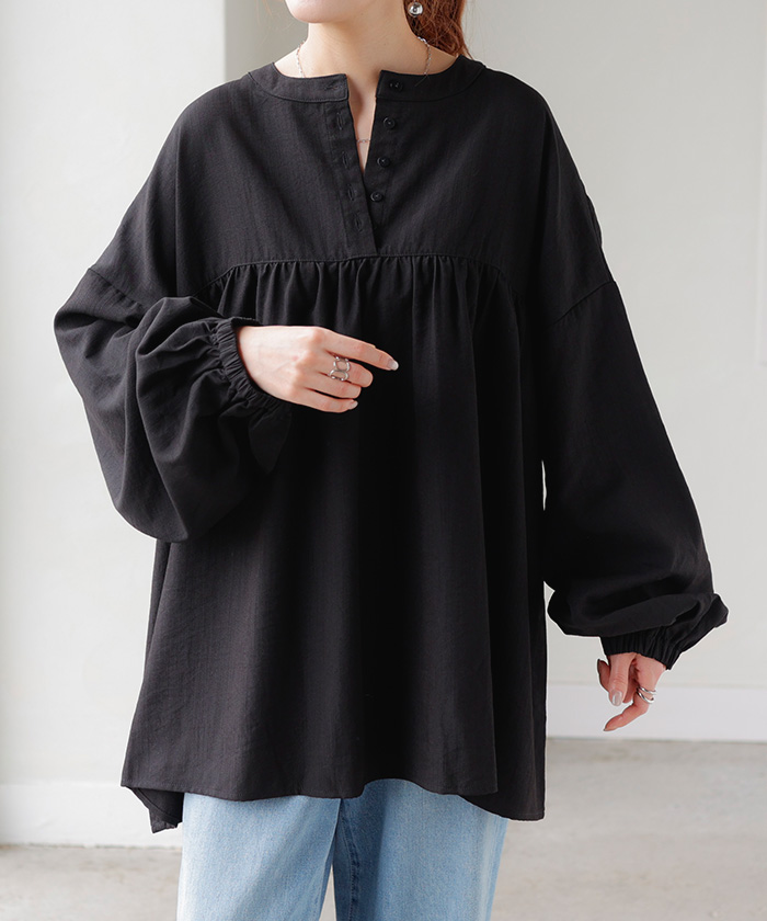 ブラウス 前後2WAY ノーカラー シャツ トップス レディース バンドカラー ロング ロングシャツ チュニック | HUG.U | 02