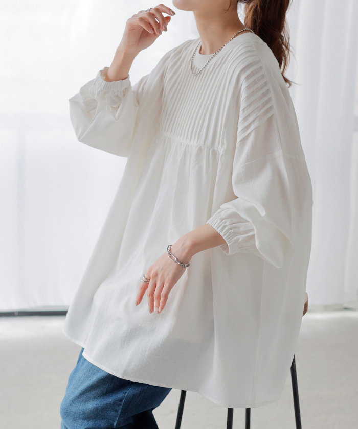 ブラウス 前後2WAY ノーカラー シャツ トップス レディース バンドカラー ロング ロングシャツ チュニック | HUG.U | 01