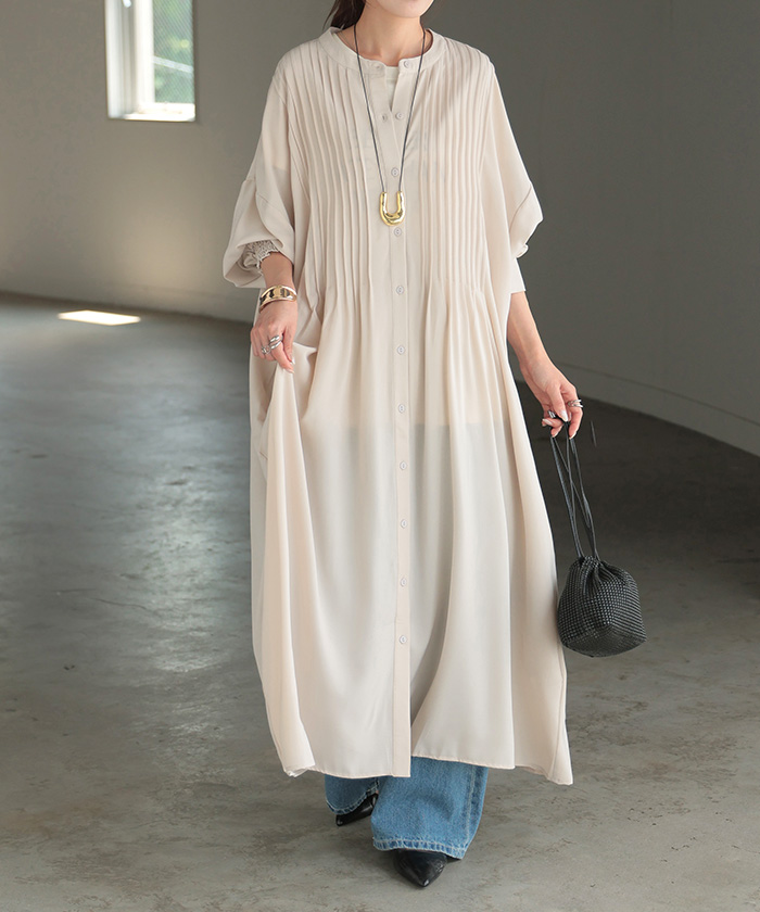 ワンピース シャツ シャツワンピース ノーカラー シャツワンピ レディース シワになりにくい ロング ロングワンピース | HUG.U | 03