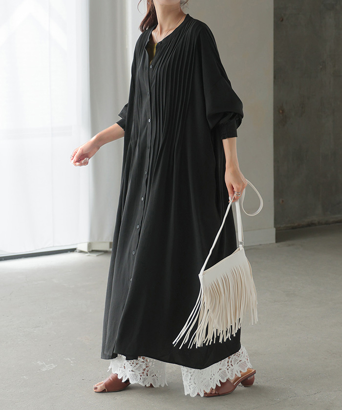 ワンピース シャツ シャツワンピース ノーカラー シャツワンピ レディース シワになりにくい ロング ロングワンピース | HUG.U | 04