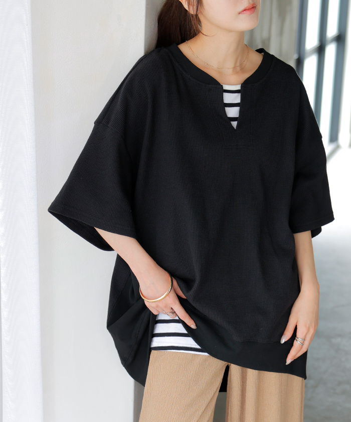 Tシャツ レディース ワッフル トップス 半袖 ロング ティーシャツ チュニック キーネック ビッグ プラスサイズ | HUG.U | 05