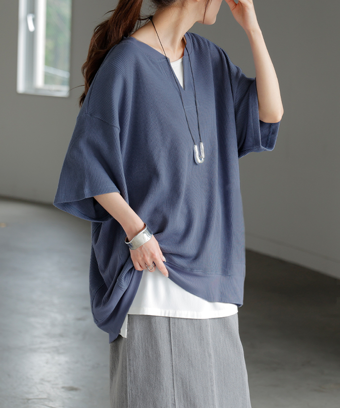 Tシャツ レディース ワッフル トップス 半袖 ロング ティーシャツ チュニック キーネック ビッグ プラスサイズ | HUG.U | 04