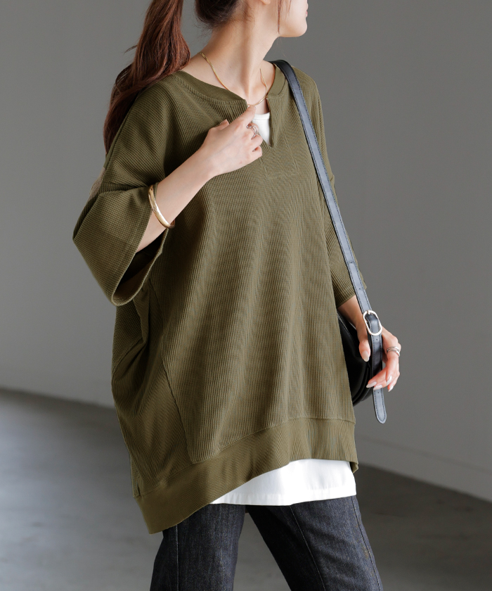 HUG.U（ハグユー） Tシャツ レディース ワッフル トップス 半袖 ロング