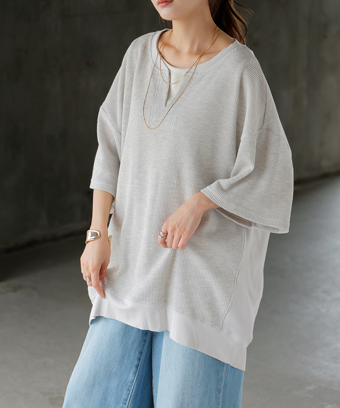 Tシャツ レディース ワッフル トップス 半袖 ロング ティーシャツ チュニック キーネック ビッグ プラスサイズ | HUG.U | 02