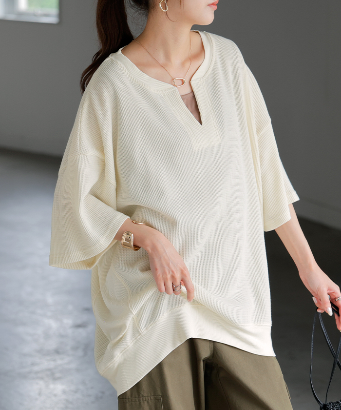 Tシャツ レディース ワッフル トップス 半袖 ロング ティーシャツ チュニック キーネック ビッグ プラスサイズ | HUG.U | 01