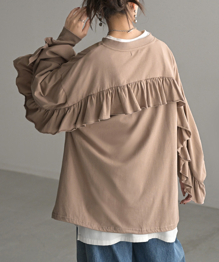 HUG.U（ハグユー） ロンT Vネック フリル トップス レディース 長袖 T