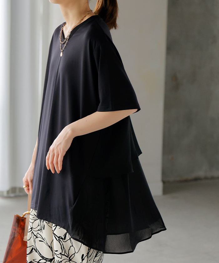 Tシャツ シフォン レディース 綿 混 トップス 半袖 透け シアー カットソー ロング ティーシャツ チュニック Vネック | HUG.U | 02