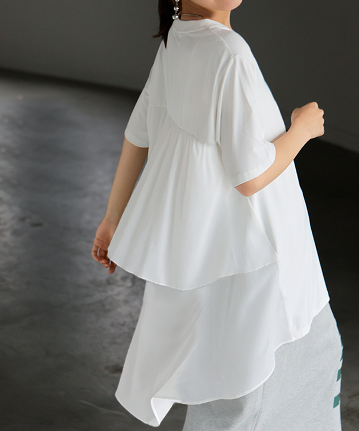 アリスバーリー　シフォン　袖口リボン　半袖チュニック　L11号 白　新品タグ無し HUG.U Tシャツ シフォン レディース 綿 混 トップス 半袖 透け