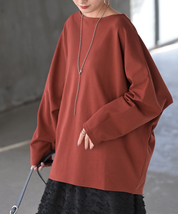 トップス ドルマン レディース ロンT 長袖 Tシャツ ポンチ カットソー 汚れ 防汚加工 ロング ティーシャツ チュニック ビッグ プラスサイズ | HUG.U | 04