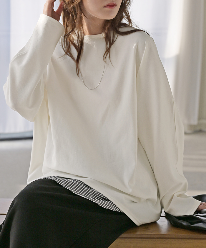 トップス ドルマン レディース ロンT 長袖 Tシャツ ポンチ カットソー 汚れ 防汚加工 ロング ティーシャツ チュニック ビッグ プラスサイズ | HUG.U | 01