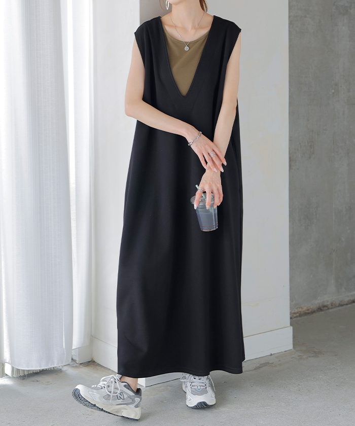 ワンピース 超伸び 深V サロペット ポンチ ワンピ レディース ロング ロングワンピース 半袖 マキシ Vネック ノースリーブ レイヤード ジャンパースカート | HUG.U | 03